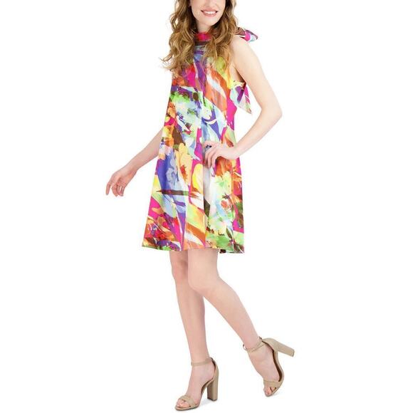 Robbie Bee Women's Printed Mock Neck Shift Dress flowy M multi fairycore boho - Picture 4 of 11